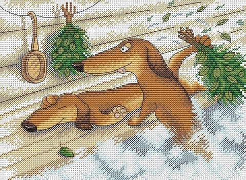 Siuvinėjimo rinkinys su taksais vonioje, dvi rudos taksų figūros, vandens purslai ir žali lapai, detalus piešinys