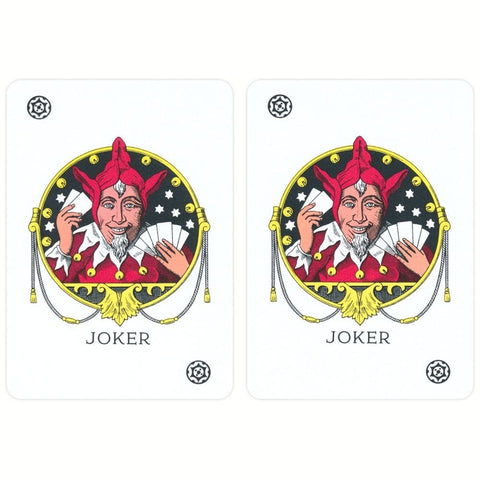 Joker korta su raudonu juokdario kostiumu ir auksiniu apvaliu rėmu, priekinis veidas laikant kelių kortų fanišką pakuotę, poros variantas