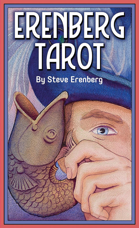 Erenberg Tarot kortos – spalvingas viršelis su žmogaus profiliu, žuvies kauke, ranka laikančia monetą ir mėlyna skrybėle