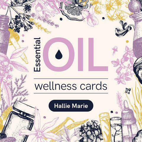 Eterinių aliejų kortelės, Hallie Marie rinkinys, pastelinė violetinė pakuotė su augaliniais piešiniais ir praktiniais patarimais