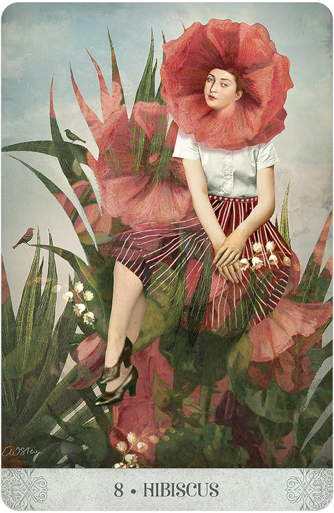 Tarot korta Hibiscus, raudono hibisko žiedo vietoje galvos sėdinčios moters figūra, dekoratyvinis koliažas su numeriu 8 apačioje