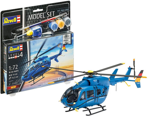 Eurocopter EC145 modelis Revell 1:72, mėlynas, parodytas surinktas priekinė perspektyva kartu su dėže, komplekte dažai ir šepetėlis