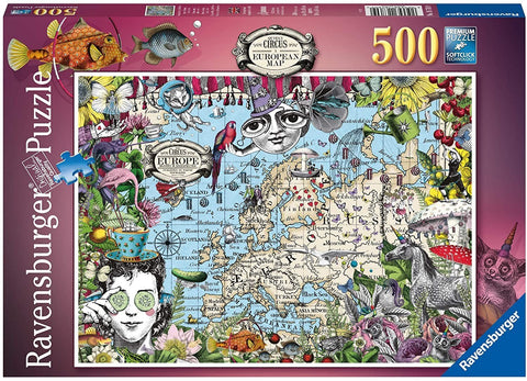 Dėlionė Ravensburger 500 dalių, iliustruotas Europos žemėlapis su spalvingais cirko motyvais, parodyta pakuotės priekyje