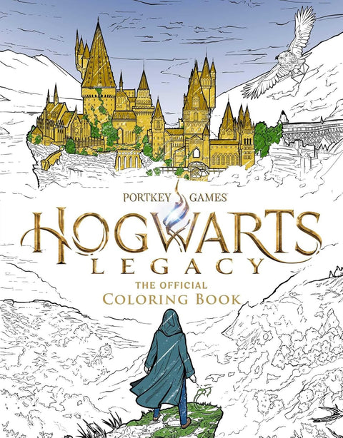 Hogwarts Legacy spalvinimo knyga, oficialus auksinis viršelis su Hogwartso pilimi ir gobtuvu apsigaubusiu veikėju, stovinčiu ant skardžio