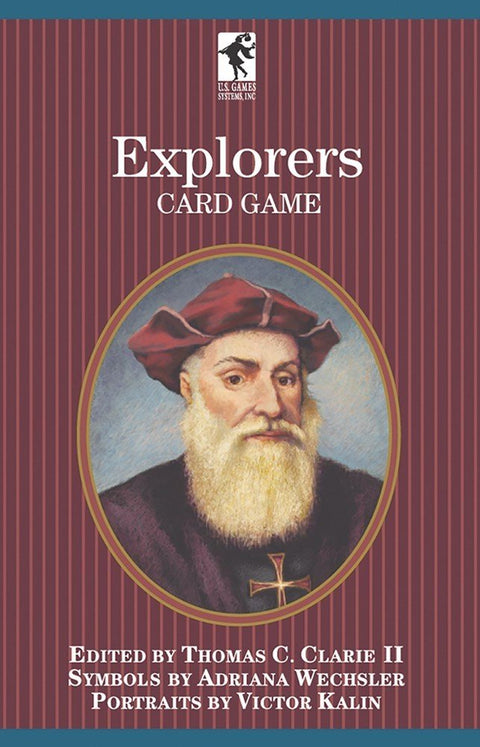 kortų žaidimas Explorers – U.S. Games maroninis dryžuotas viršelis su ovaliu atradėjo portretu