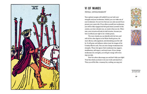 Tarot korta Šeši skeptrai, Rider‑Waite spalvota korta kairėje ir interpretacijos tekstas bei miniatiūros dešinėje