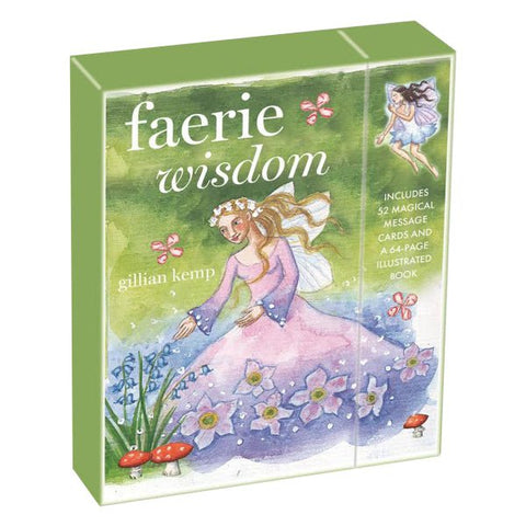 Faerie Wisdom kortų rinkinys žalia dėžutė, iliustruota fėja prie gėlių, 52 magiškos kortos ir 64 psl. iliustruota knyga