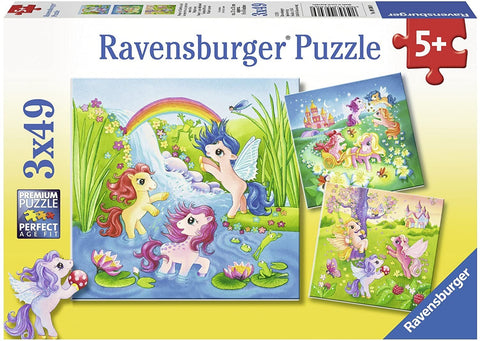 Dėlionė Ravensburger 3x49 dalių vaikams (5+), trys spalvingi vienaragių piešiniai ant dėžutės, skirtingos scenos