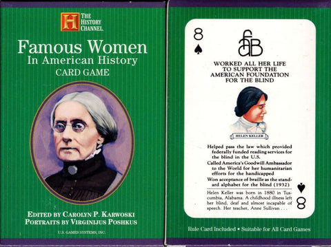 kortų žaidimas Famous Women žalia dėžutė su istorinių moterų portretais ir atversta Helen Keller korta