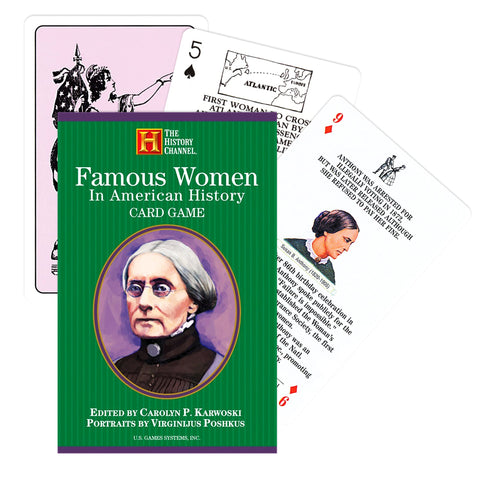 Kortų žaidimas Famous Women – žaliame dėkle su moters portretu ir keliais išskleistais kortomis su istorinėmis įrašomis