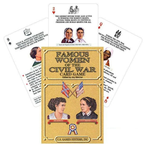 Kortų žaidimas Famous Women of the Civil War — U.S. Games Systems dėžutė priekyje su trimis atverstomis biografinėmis kortomis