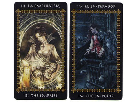 tarot kortos Gothic Tarot, kolekcijinis dviejų kortų leidimas — The Empress auksinė ir The Emperor tamsiai mėlyna su juodais kraštais