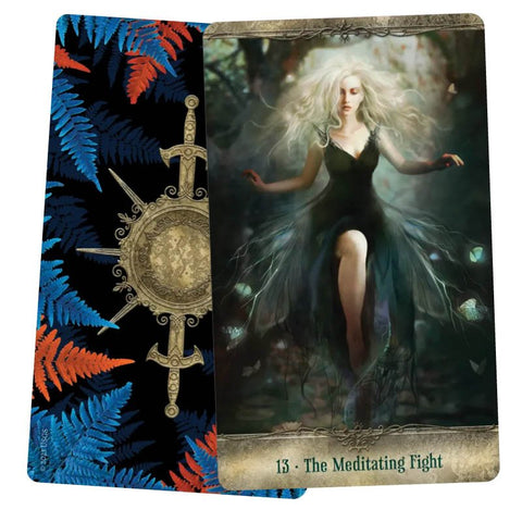 Tarot kortos, atvertos: priekis – korta „13: The Meditating Fight“ su tamsia medituojančia figūra, nugara – mėlynai oranžiniai paparčiai