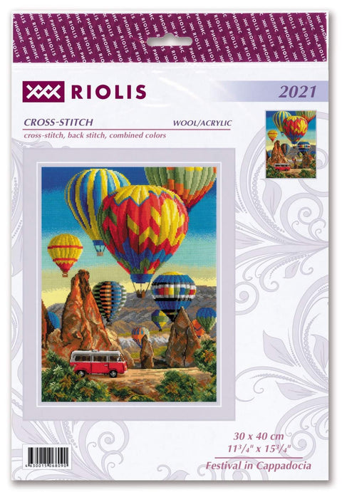 Siuvinėjimo rinkinys Riolis 30x40 cm – spalvingi Kappadokijos oro balionai virš uolų su raudonu kemperiu
