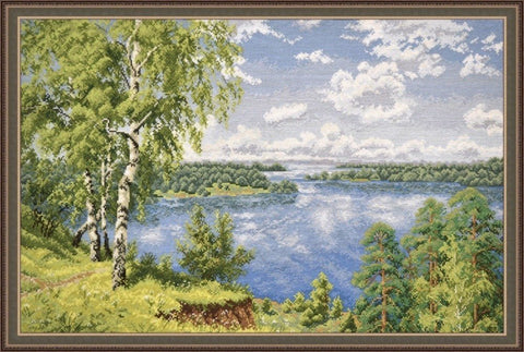 Siuvinėjimo rinkinys – rėmuotas 50×70 cm vasariškas ežero panorama su beržais, puikiai užbaigtas pavyzdys