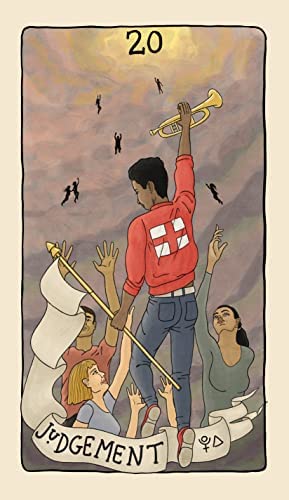 Tarot korta Teismas, 20 numeris, centrinis vyras raudonu švarku trimituoja, žmonės kyla į viršų, matoma balta vėliava