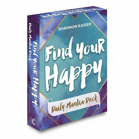 Mantrų kortų rinkinys Find Your Happy Shannon Kaiser mėlyno‑violetinės dėžutės priekinė pusė su auksinėmis linijomis ir stačiu trimačiu kampu