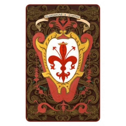 Tarot korta su raudonu Florencijos lelijos herbu centre, auksiniais ir rudos spalvos ornamentais, kortos priekinė pusė