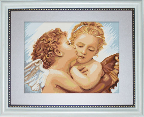 Siuvinėjimo rinkinys cherubai su baltu mediniu rėmu, baigtas 40×50 cm, parodo siūlių ir spalvų detales
