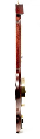 Elektrinė gitara šoninis profilis su tamsaus medžio blizgia apdaila, baltu krašteliu ir auksiniais potenciometrais