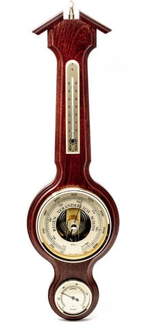barometras tamsaus raudonmedžio korpuse su integruotu termometru ir higrometru, ilgas sieninis modelis
