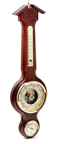 Sieninis barometras iš tamsaus ąžuolo su žalvario ciferblatais, integruotu termometru ir higrometru