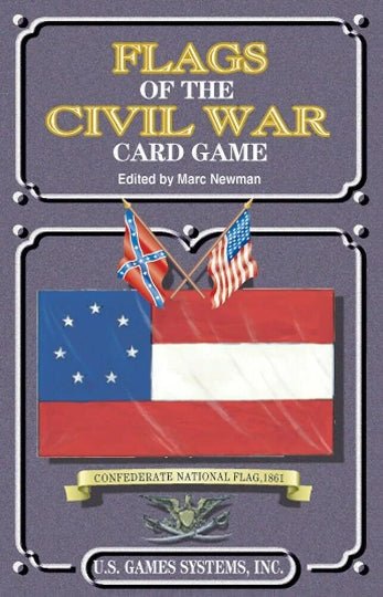 Kortų žaidimas 'Flags of the Civil War', U.S. Games Systems leidimas, pilkas viršelis su Konfederacijos vėliava ir kryžiuotais vėliavų stiebais