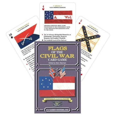 Kortų žaidimas Flags of the Civil War — pilka dėžutė su Konfederacijos vėliava ir trimis fanuotomis vėliavų kortomis, U.S. Games Systems