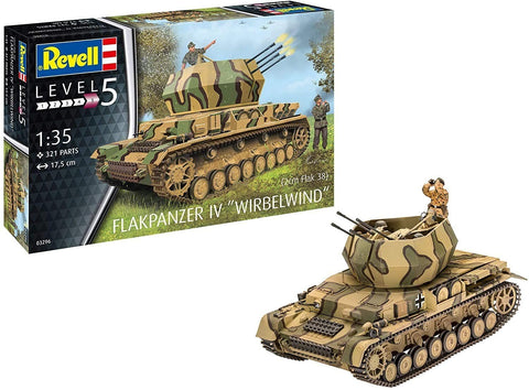 Revell Flakpanzer IV modelis 1:35 kamufliažo, surinktas prie dėžutės, su įgulos figūra ir pateiktas iš trijų ketvirčių kampo