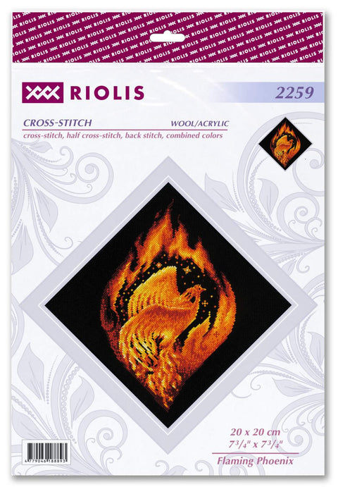 Kryželių rinkinys Riolis Flaming Phoenix, 20×20 cm, ugnies geltonų ir oranžinių spalvų feniksas ant juodo audinio, pakuotės priekinis dizainas