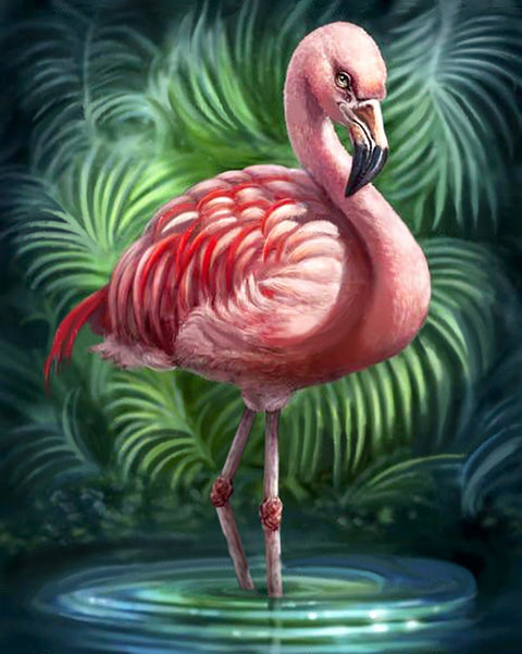flamingas drobėje, rožinis meninis atspaudas 60×90 cm, stovintis vandenyje prieš tropinių lapų foną