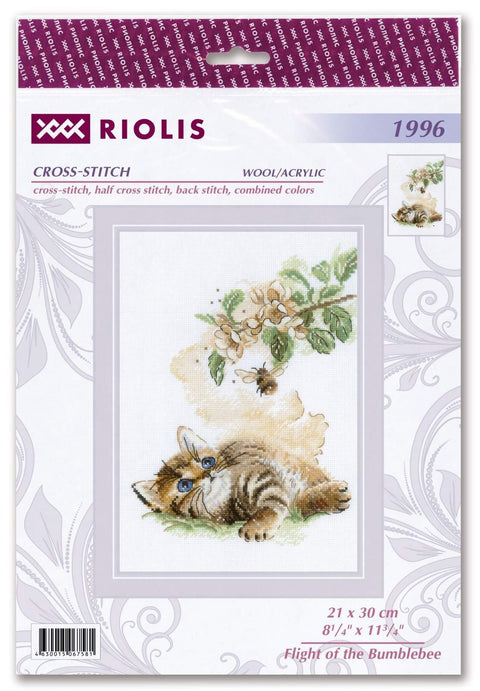 Kryželių rinkinys Riolis su rudai dryžuotu kačiuku ir kamanėle, pavaizduotas motyvas pakuotėje 21×30 cm
