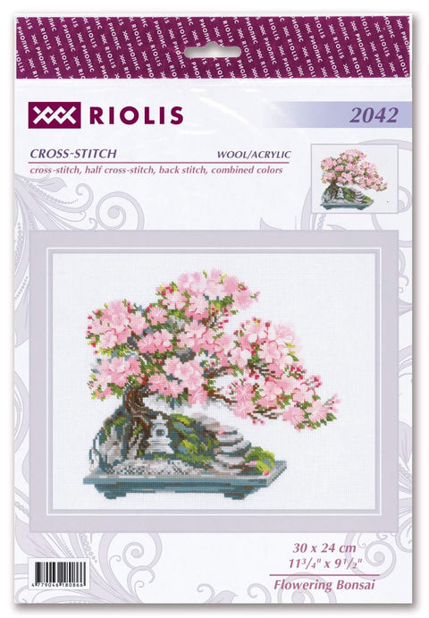 Kryželių rinkinys Riolis – rožinių žiedų bonsai modelis 30×24 cm, pakuotė su siūlais ir schema
