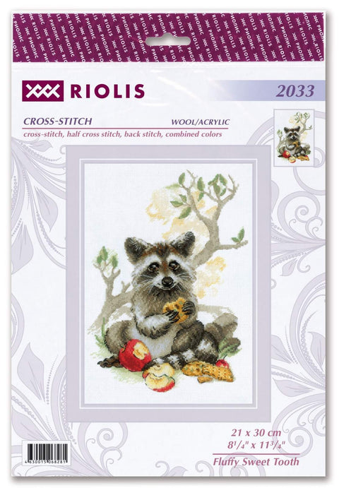 Kryželių rinkinys Riolis, 21×30 cm, vilna/akrilas, meškėnas valgantis obuolį, švelnios rudos, žalios ir raudonos spalvos