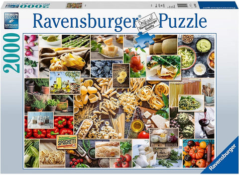 Dėlionė Ravensburger 2000 dalių, dėžutės maketo koliažas su įvairių rūšių makaronais, sūriu, pomidorais ir prieskoniais