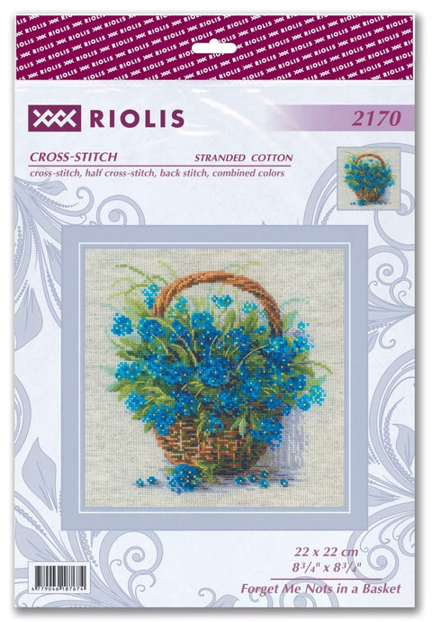 Siuvinėjimo rinkinys Riolis su mėlynomis neužmirštuolėmis krepšelyje, audinys 22×22 cm, pakuotės priekis ir detalus modelio vaizdas