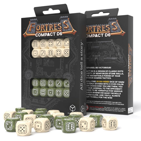 D6 kauliukai Fortress Compact, 20 vnt., 14 mm žalsvai ir kreminiai, dėžutė atidaryta su išmėtytais kauliukais