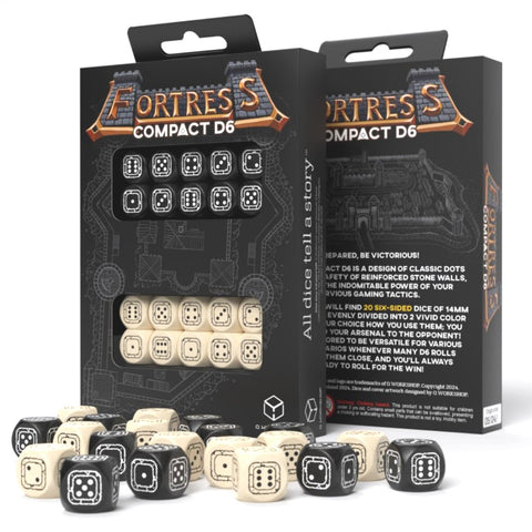 D6 kauliukai Fortress Compact rinkinys — 20 juodų ir kremiškų 14 mm kauliukų su langeliu ir pakuote