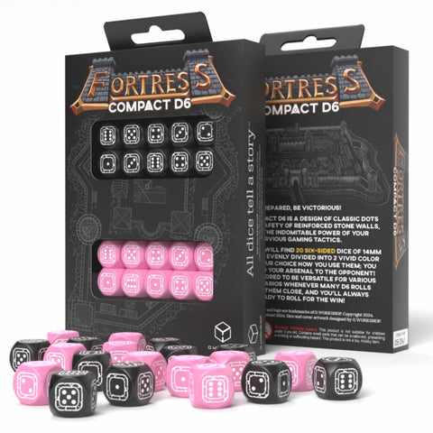 D6 kauliukai FortresS Compact, juodi ir rožiniai 14 mm rinkinys su matoma pakuote ir išmėtytais kauliukais priekyje