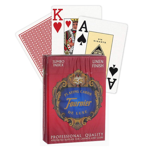 Fournier lošimo kortos, raudonas De Luxe dėklas su linen finish ir jumbo index, fanuotos kortos (A♠, K♥) ir raudona nugarėlė