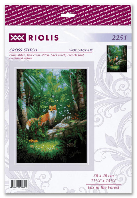 Kryželių siuvinėjimo rinkinys Riolis 30×40 cm, vilna/akrilo, lapė miške dizainas pakuotėje su pavyzdiniu siuviniu