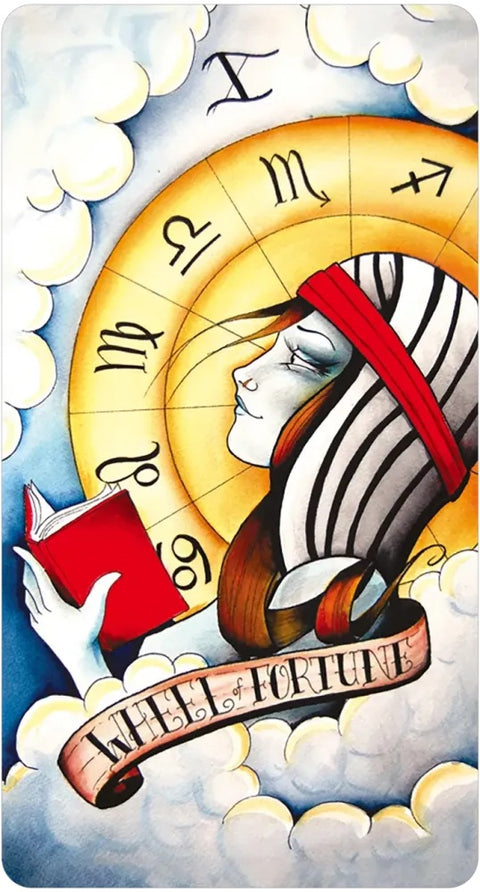 Tarot korta Fortūnos ratas, vertikali spalvota iliustracija su raudona knyga, zodiako ratu ir moters profiliu, detalus priekis