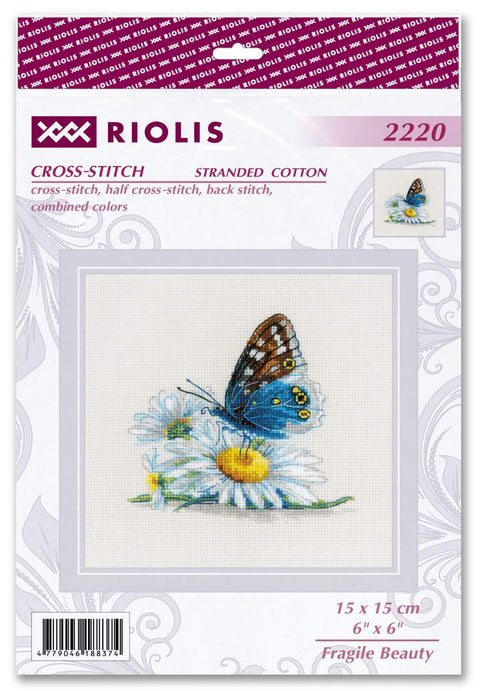 Kryželių siuvinėjimo rinkinys Riolis: mėlynas drugelis ant ramunės, 15×15 cm dizainas "Fragile Beauty"