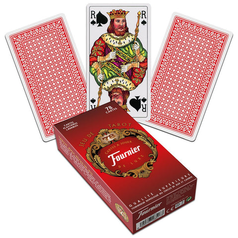 Tarot kortos Fournier raudonoje dėžutėje, 78 kortų komplektas su raudonomis nugarėlėmis, trys kortos išskleistos (karalius)