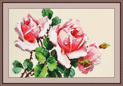 kryželių rinkinys rėminis rožių motyvas su ryškiai rožiniais žiedais ir žaliais lapais, 30×20 cm, detali spalvų schema