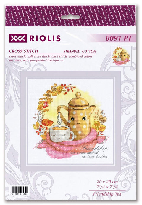 Siuvinėjimo rinkinys Riolis Friendship Tea — 20×20 cm su geltonu taškuotu arbatinuku, garuojančiu puodeliu ir rožine skara