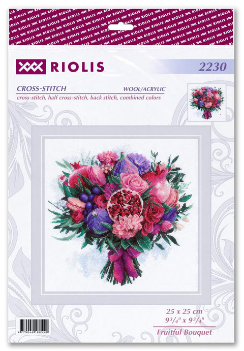Siuvinėjimo rinkinys Riolis Fruitful Bouquet, 25×25 cm, rožinių ir violetinių gėlių puokštė ant pakuotės