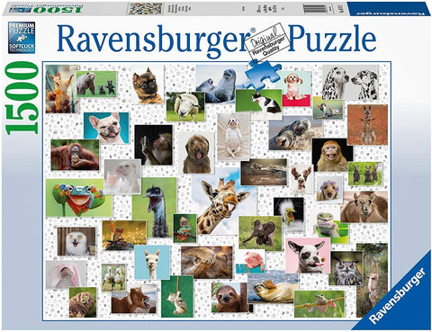 Dėlionė Ravensburger 1500 dalių — gyvūnų koliažas su baltu letenų fonu ant pakuotės, unikalus variantas galerijoje