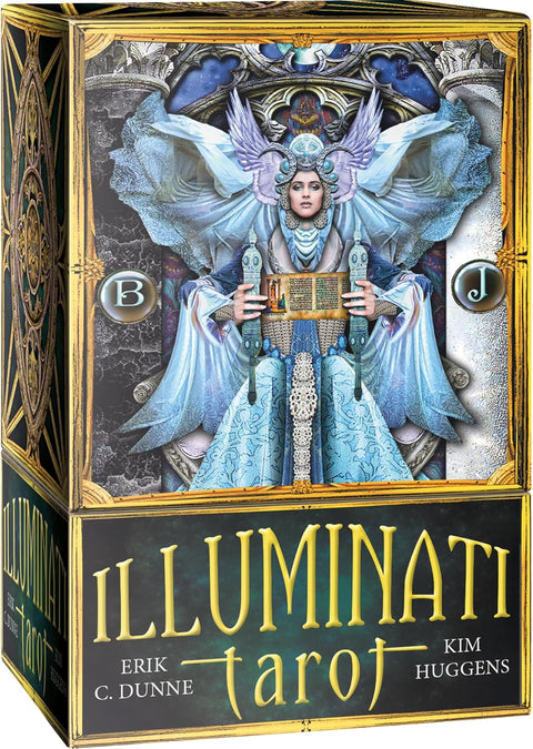 Illuminati tarot dėžutės priekinis viršelis su mėlyna angeliška figūra, auksinėmis raidėmis ir autorių vardais