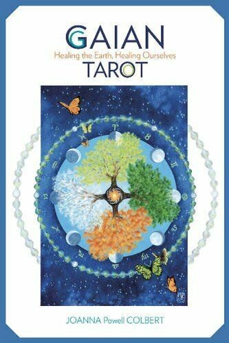 Gaian Tarot kortų rinkinys su spalvingu metų laikų medžio ciklo viršelio piešiniu, aut. Joanna Powell Colbert